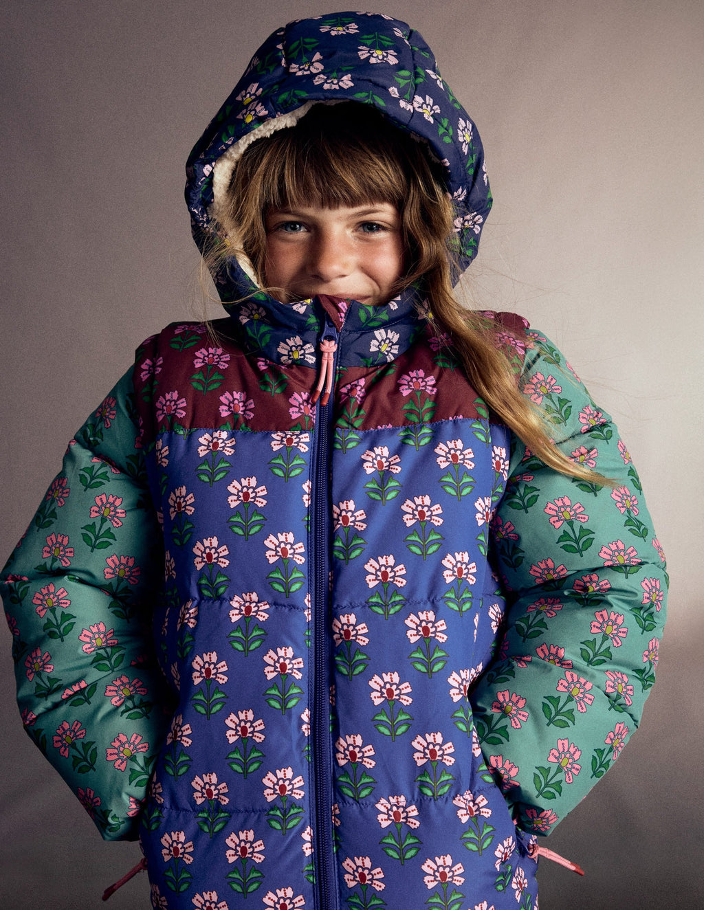 2-in-1 Padded Coat-Multi Woodblock Flower