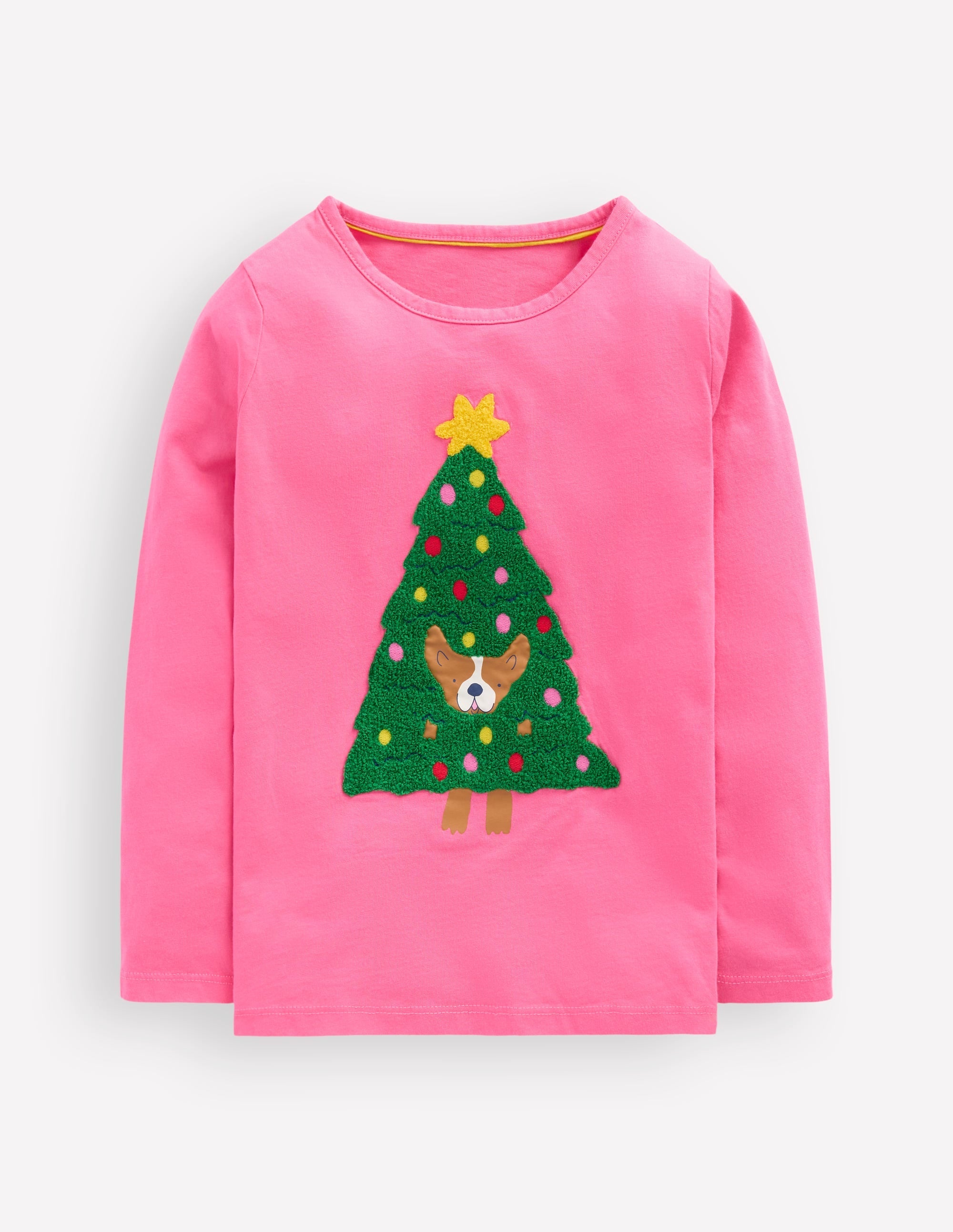 Long Sleeve Bouclé T-shirt-Pink Christmas Tree Dog