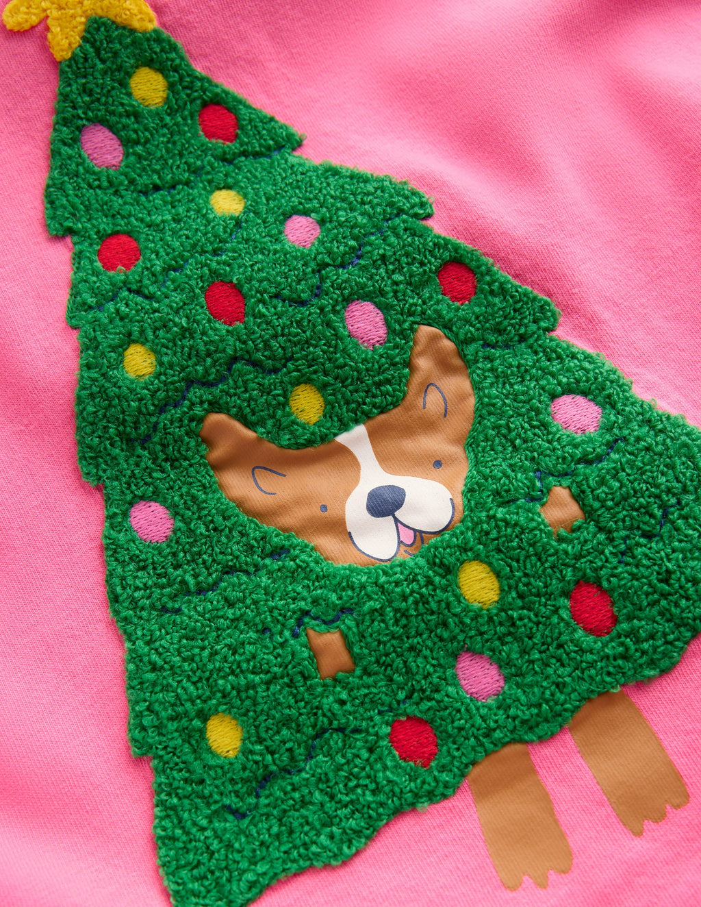 Long Sleeve Bouclé T-shirt-Pink Christmas Tree Dog