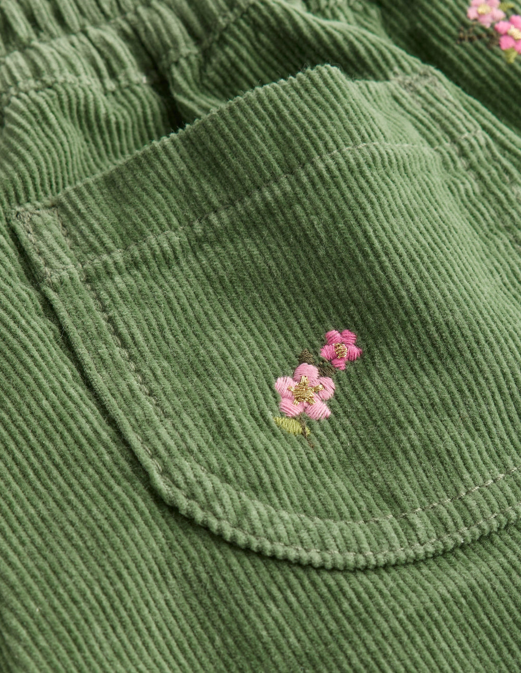 Cord Embroidered Pull-On Pants-Broccoli Green Embroidered