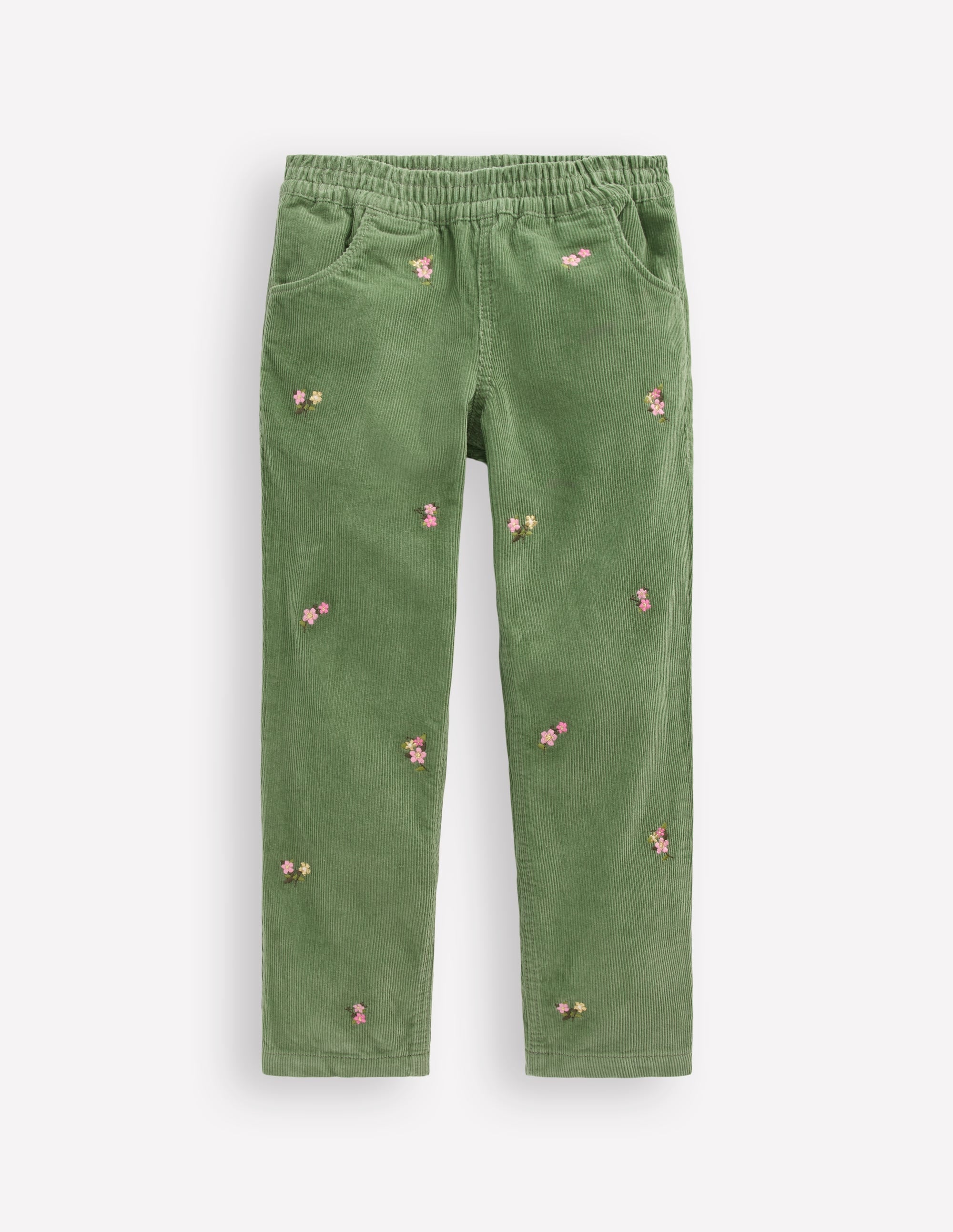 Cord Embroidered Pull-On Pants-Broccoli Green Embroidered