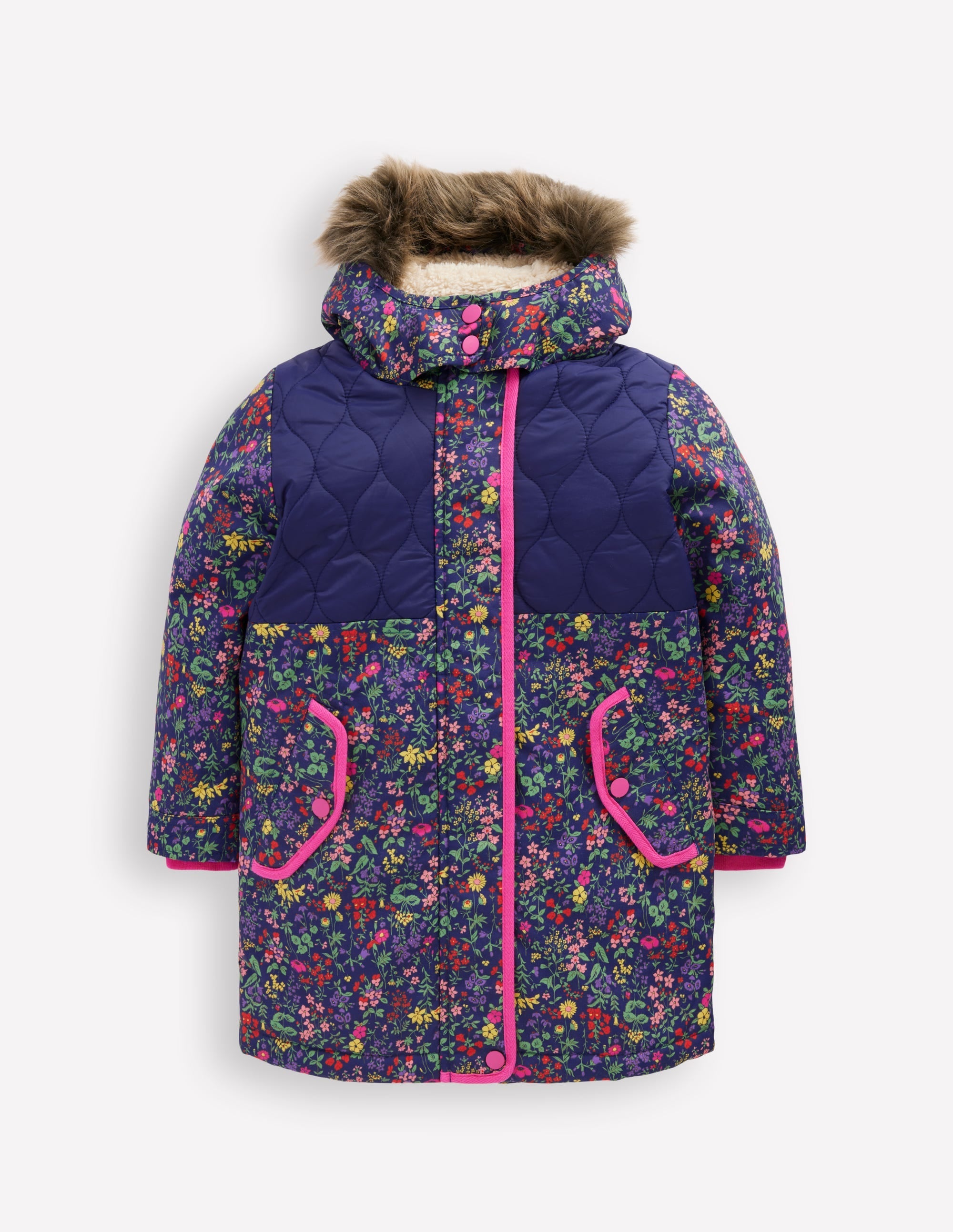 Joni Quilted Parka Coat-Blue Flower Meadow
