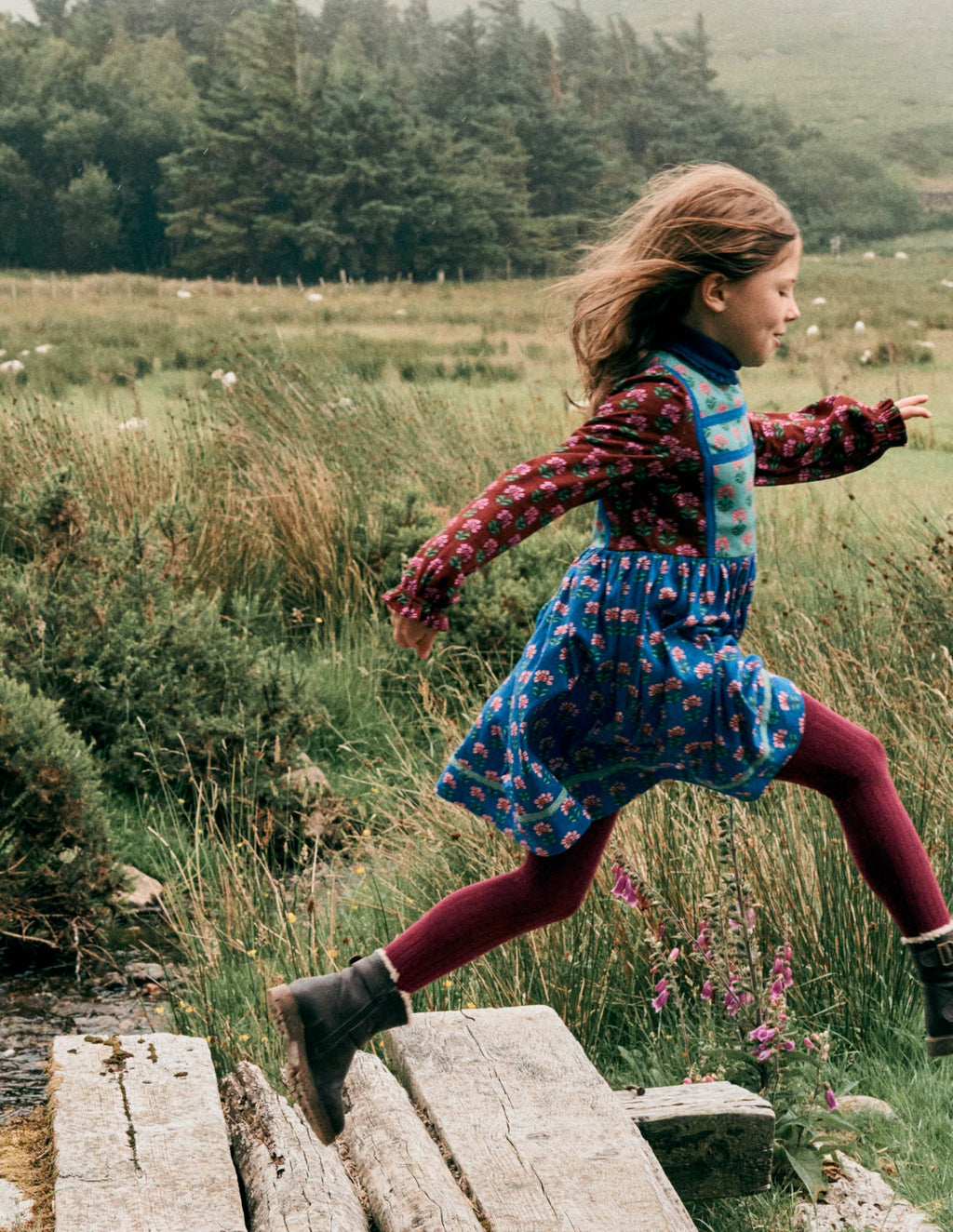 Hotchpotch Floral Jersey Dress-Bright Blue Woodblock Flower