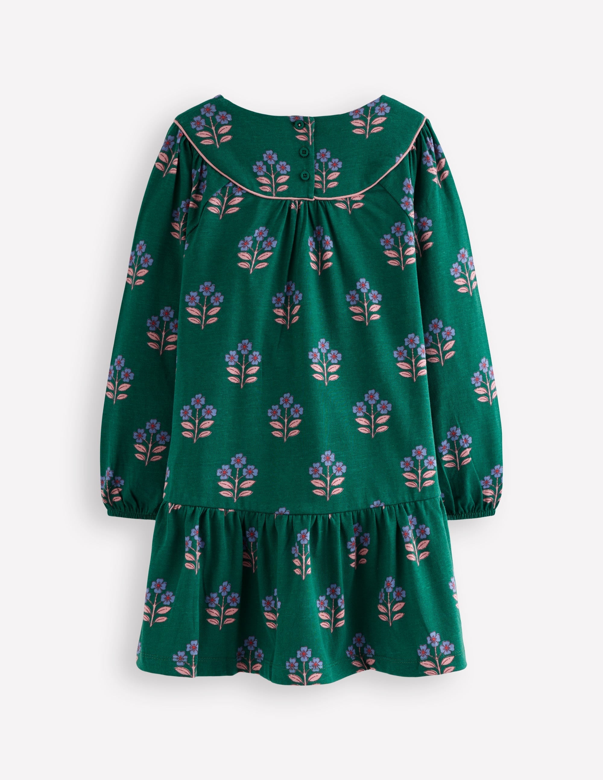 Curved Yoke Jersey Dress-Jewel Green Flower Stamp