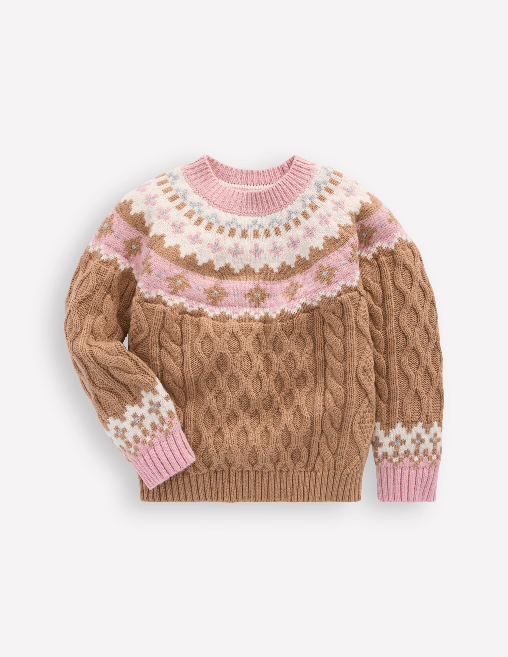 Fair Isle Cable Sweater-Camel Melange