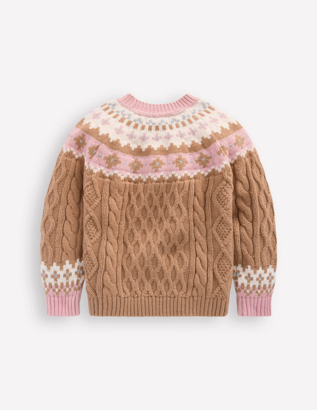 Fair Isle Cable Sweater-Camel Melange