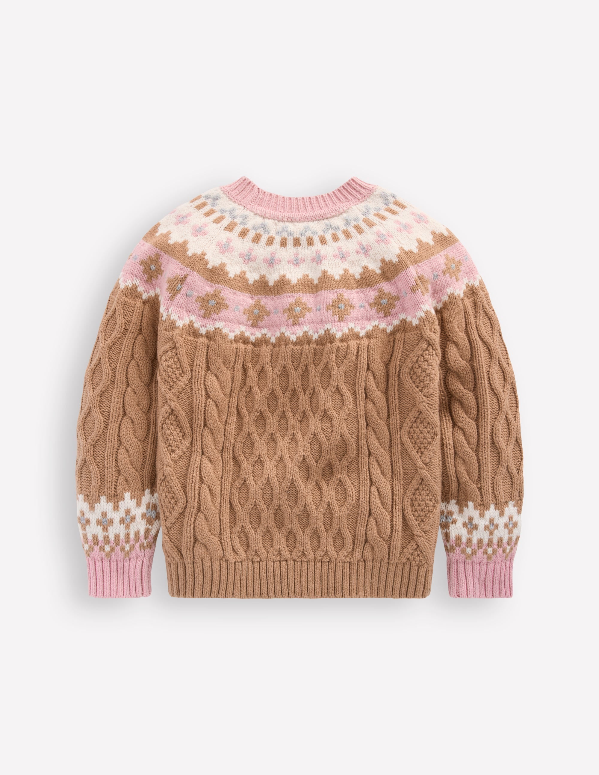Fair Isle Cable Sweater-Camel Melange