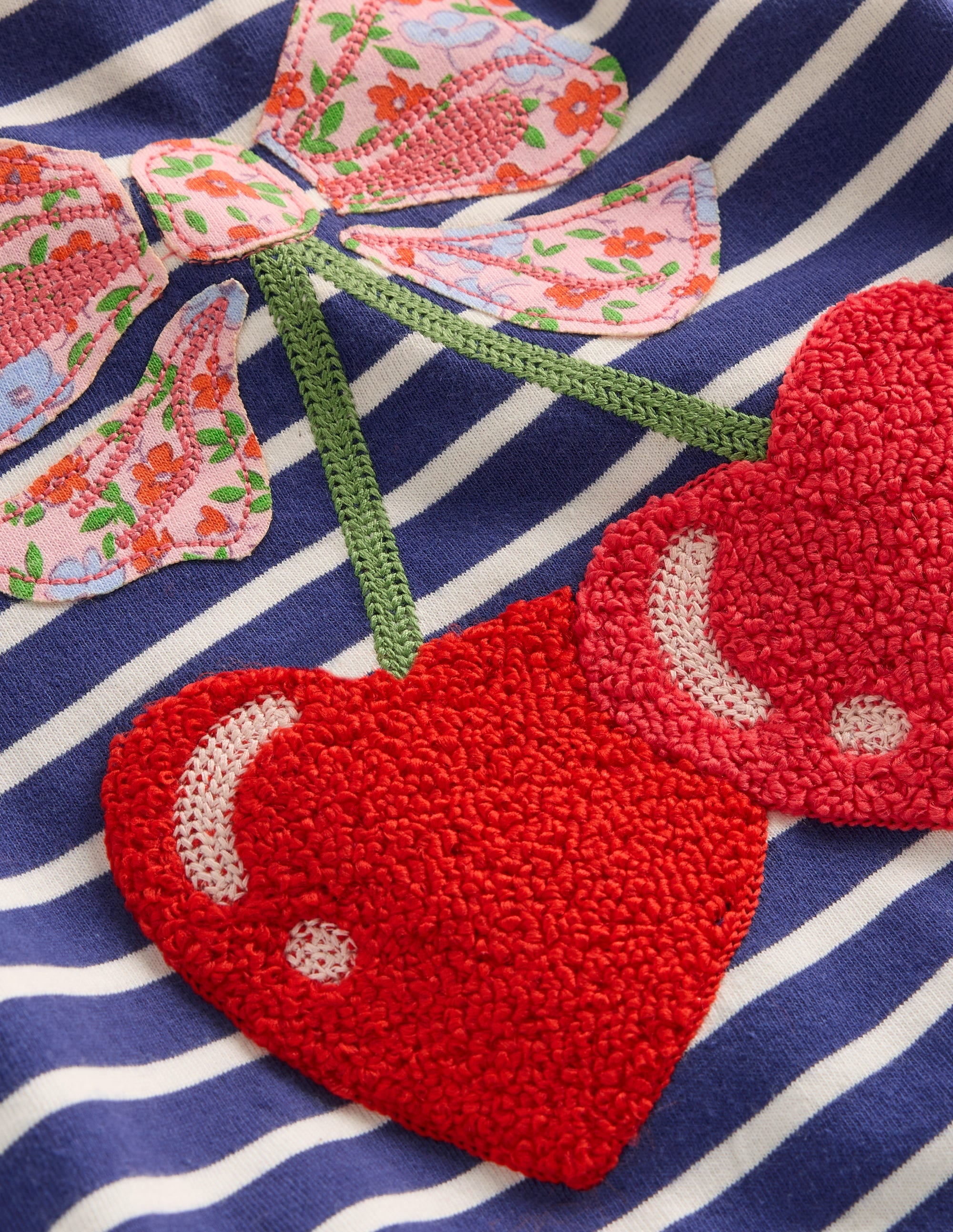 Frill Sleeve Appliqué T-shirt-Starboard Blue Cherry Hearts