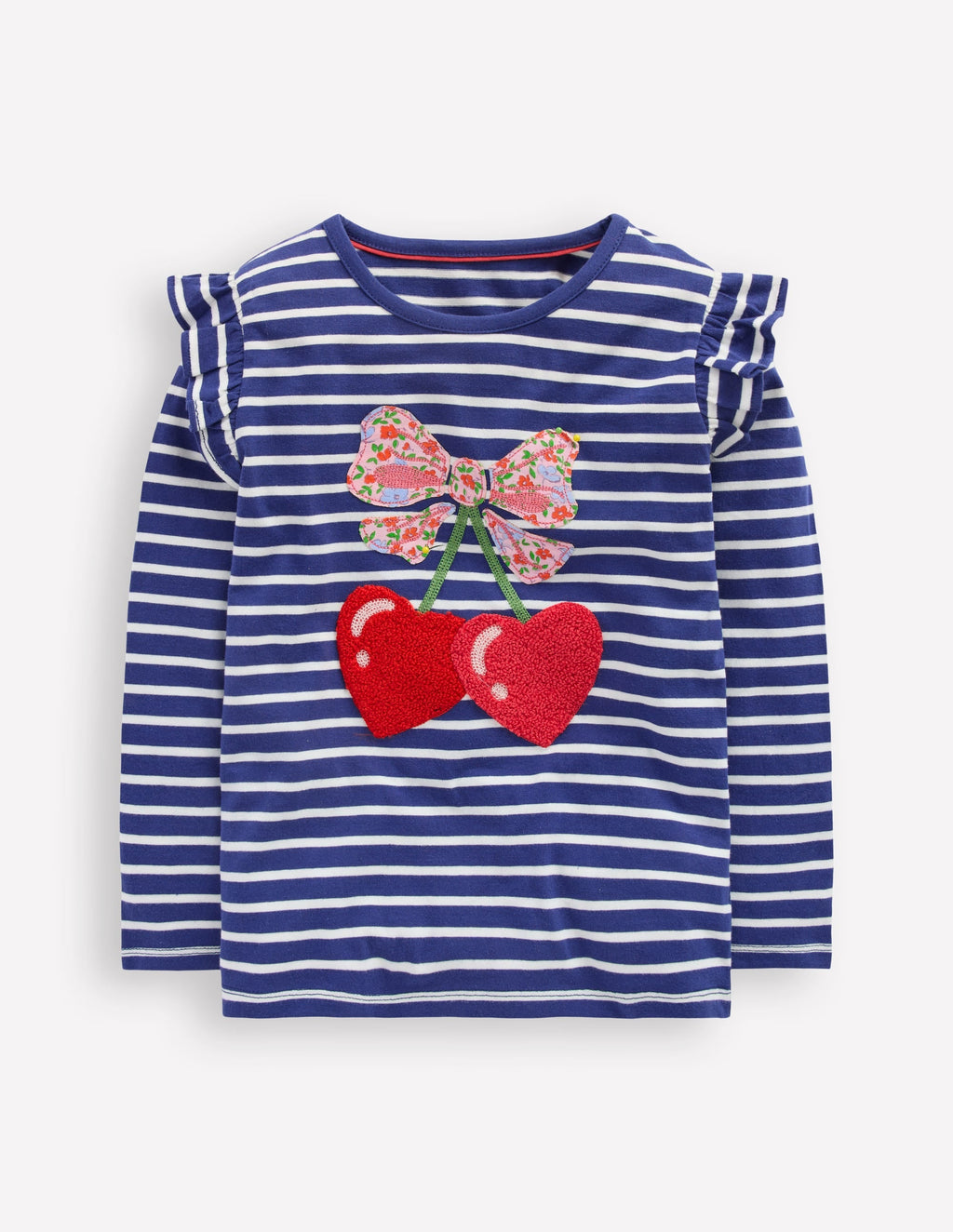 Frill Sleeve Appliqué T-shirt-Starboard Blue Cherry Hearts