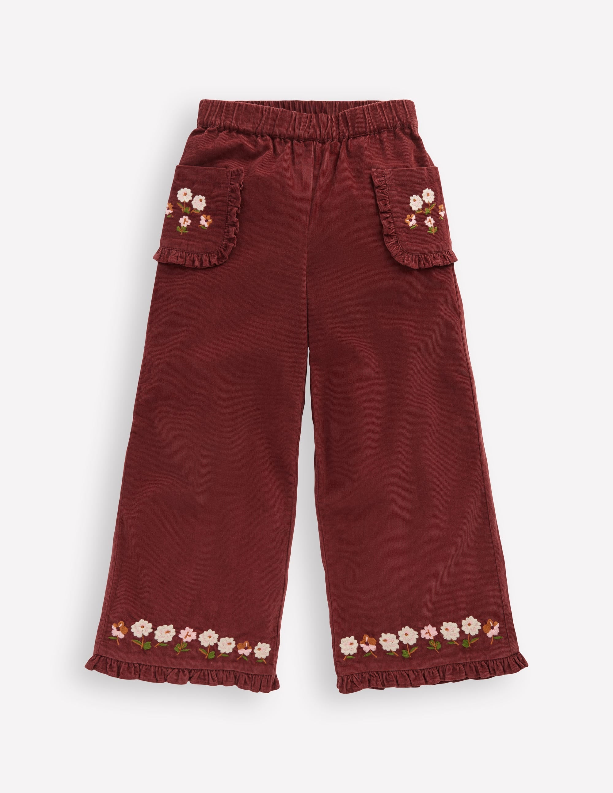 Embroidered Frill Trousers-Chestnut Embroidery